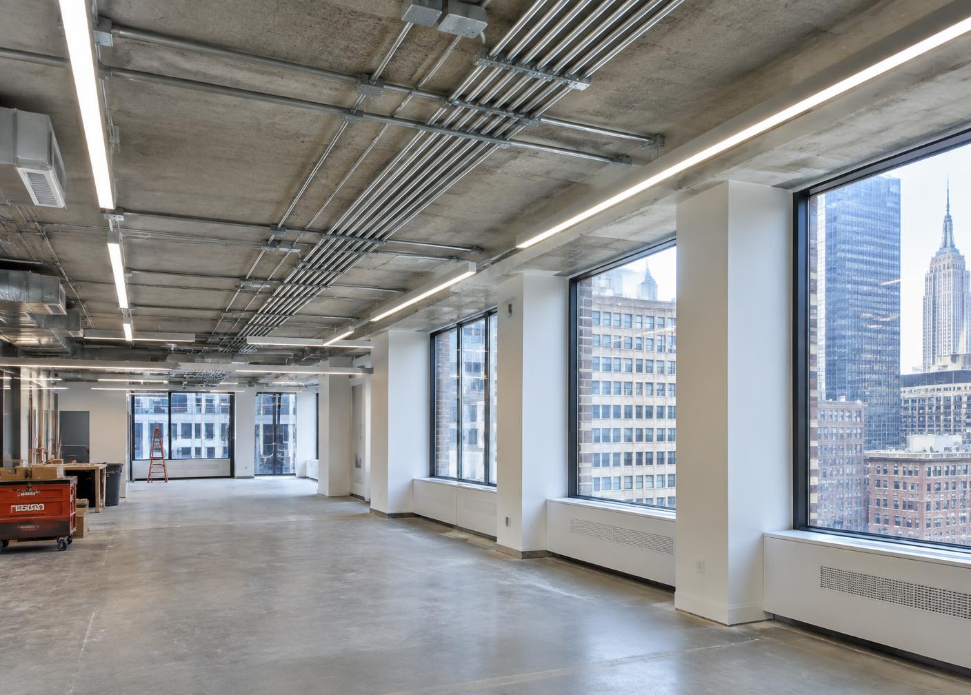 Commercial office build-out in Manhattan with EMT conduit and linear LED lighting