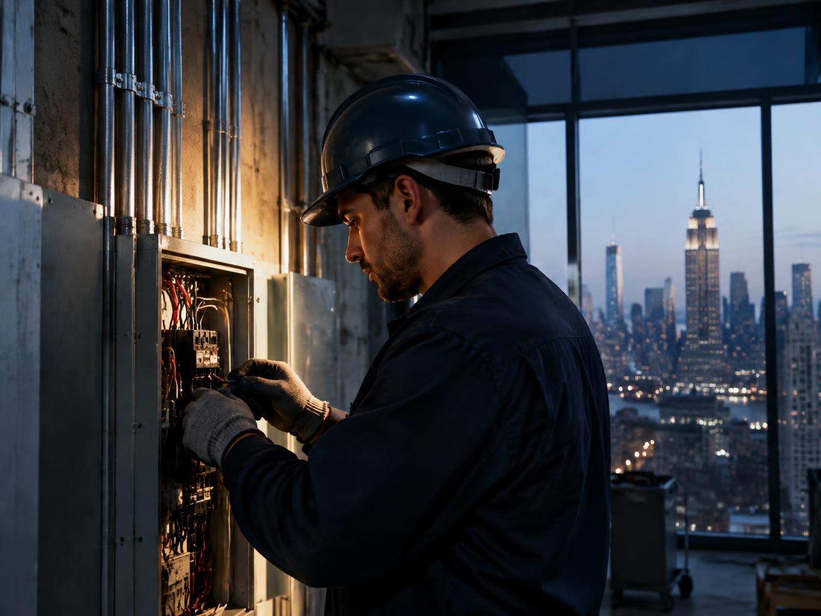 Electrician terminating wiring in a commercial electrical panel overlooking the Manhattan skyline